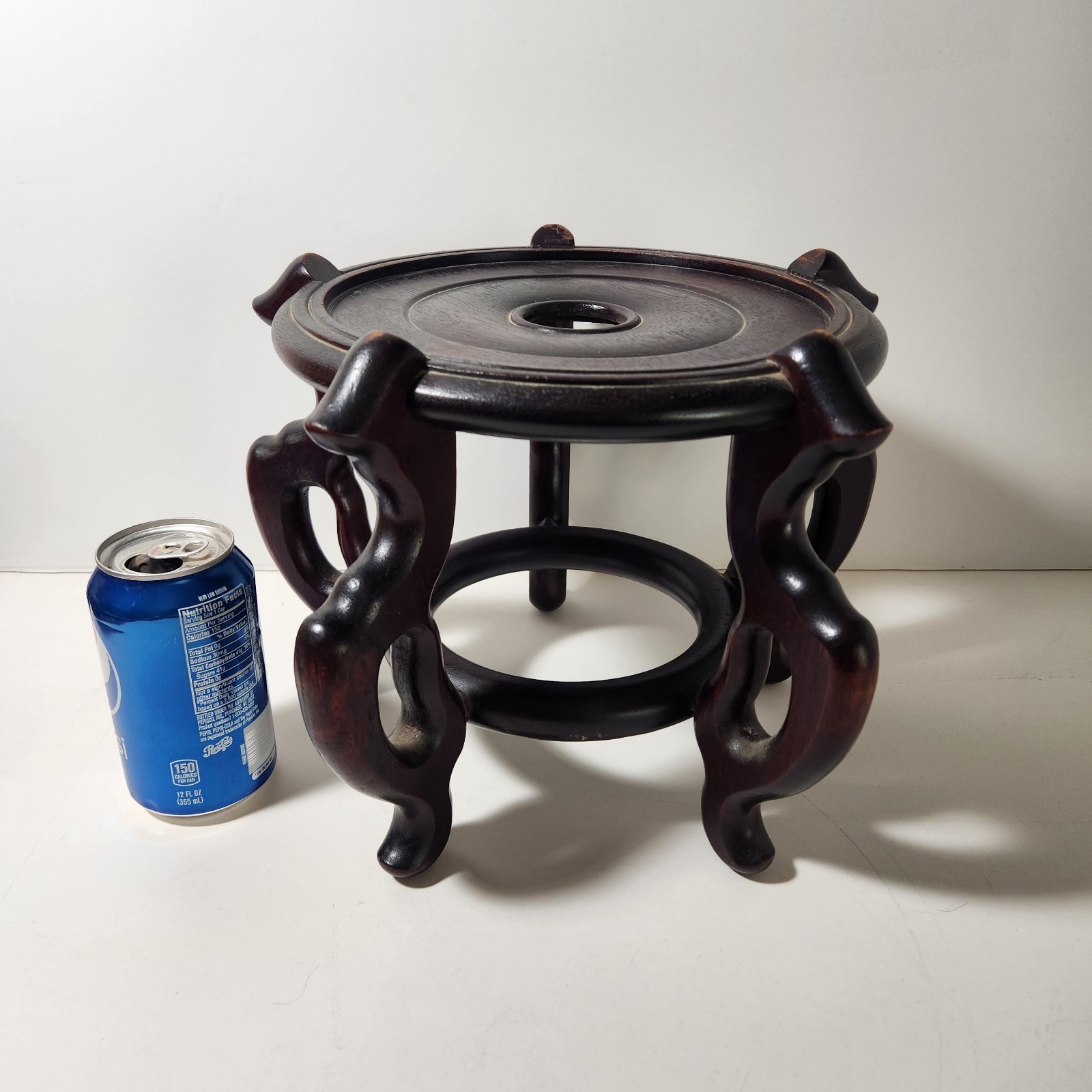 Vintage Chinese Carved Black Finish Wood Jardiniere Fishbowl Plant Stand 9″ High