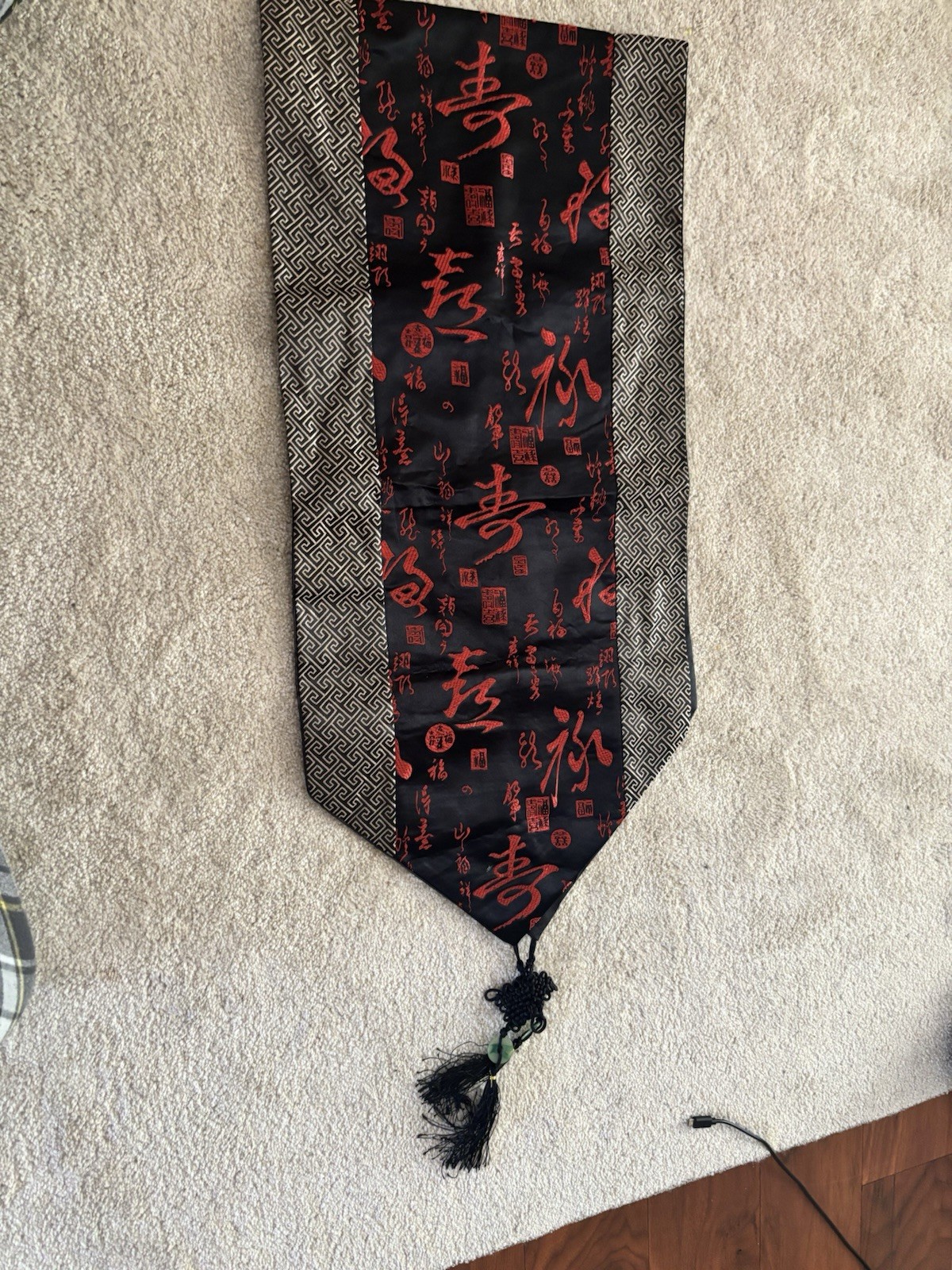 Black Red Chinese Silk Satin Brocade With Two Tassels Table Runner