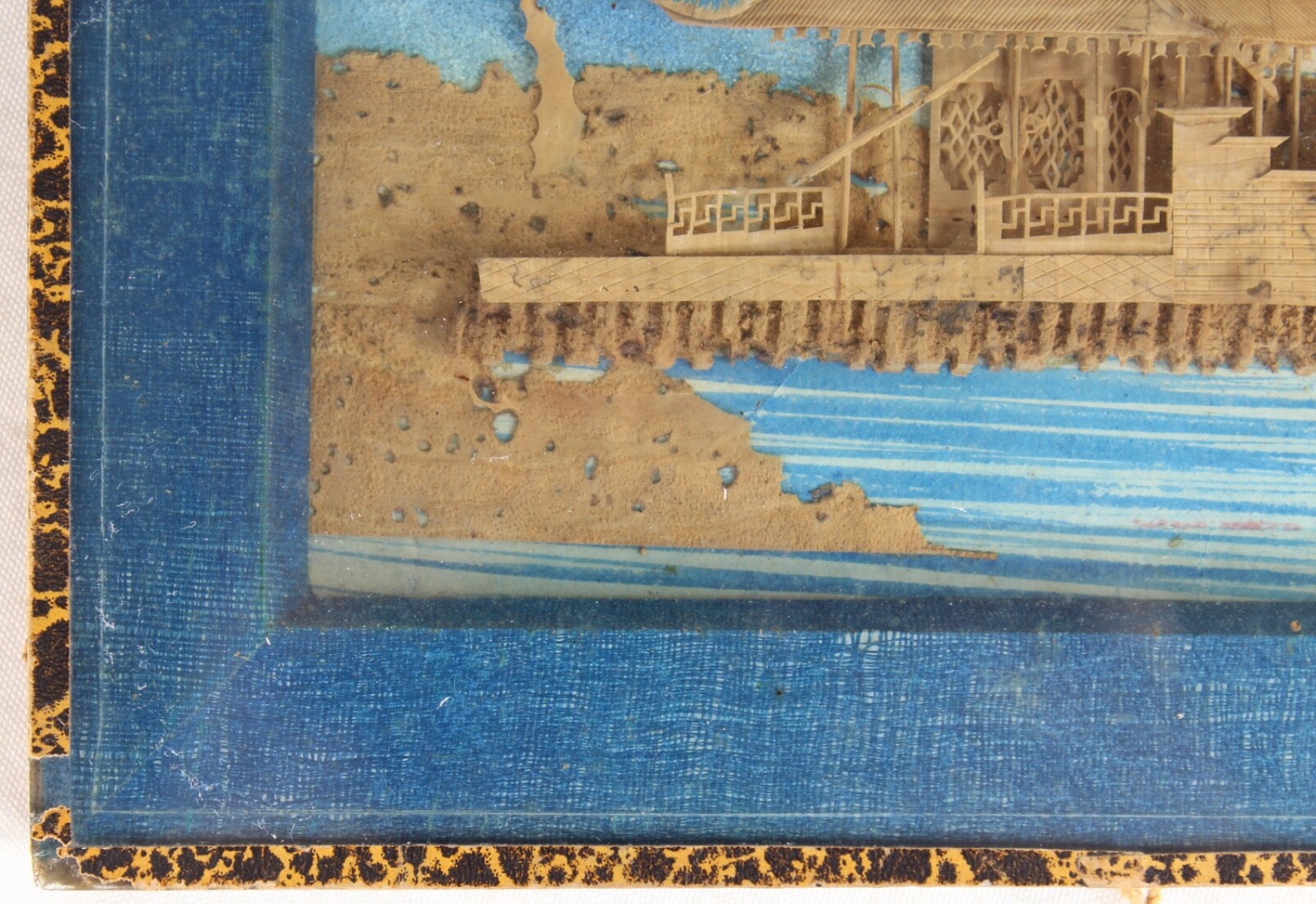 Antique Chinese Asian Miniature Wood Carving Village Scene Signed Stamp Framed