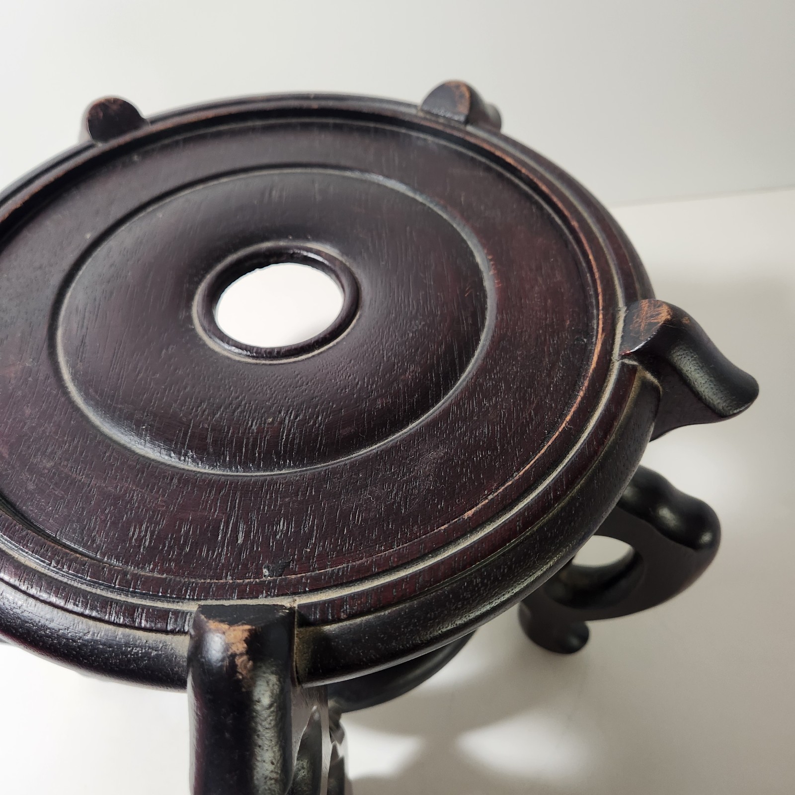 Vintage Chinese Carved Black Finish Wood Jardiniere Fishbowl Plant Stand 9″ High