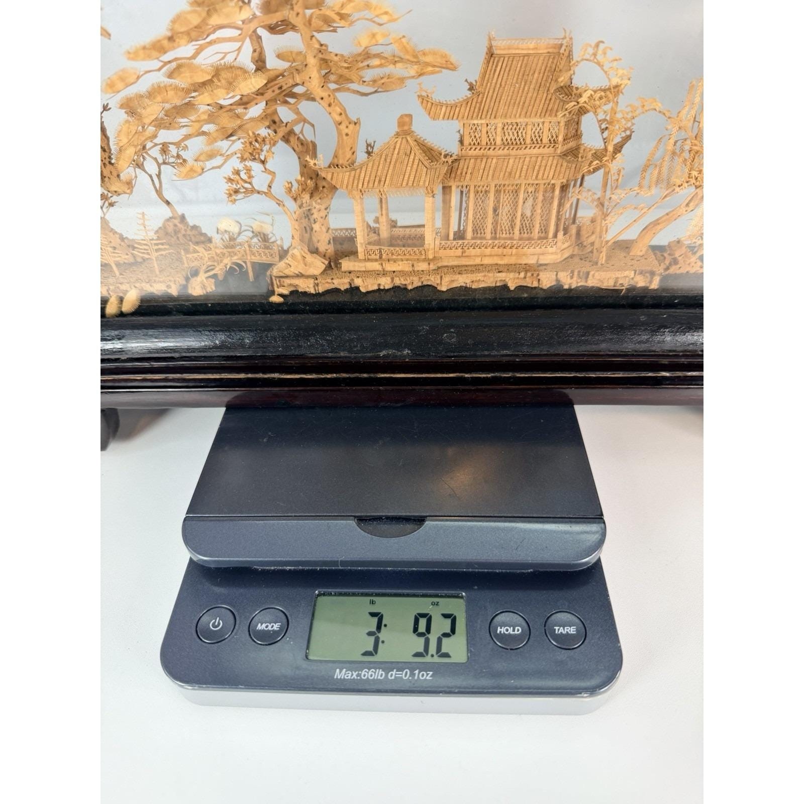 Vintage San You Chinese Cork Diorama Glass Case Black Wood Plinth 19.5×10″x3.5″
