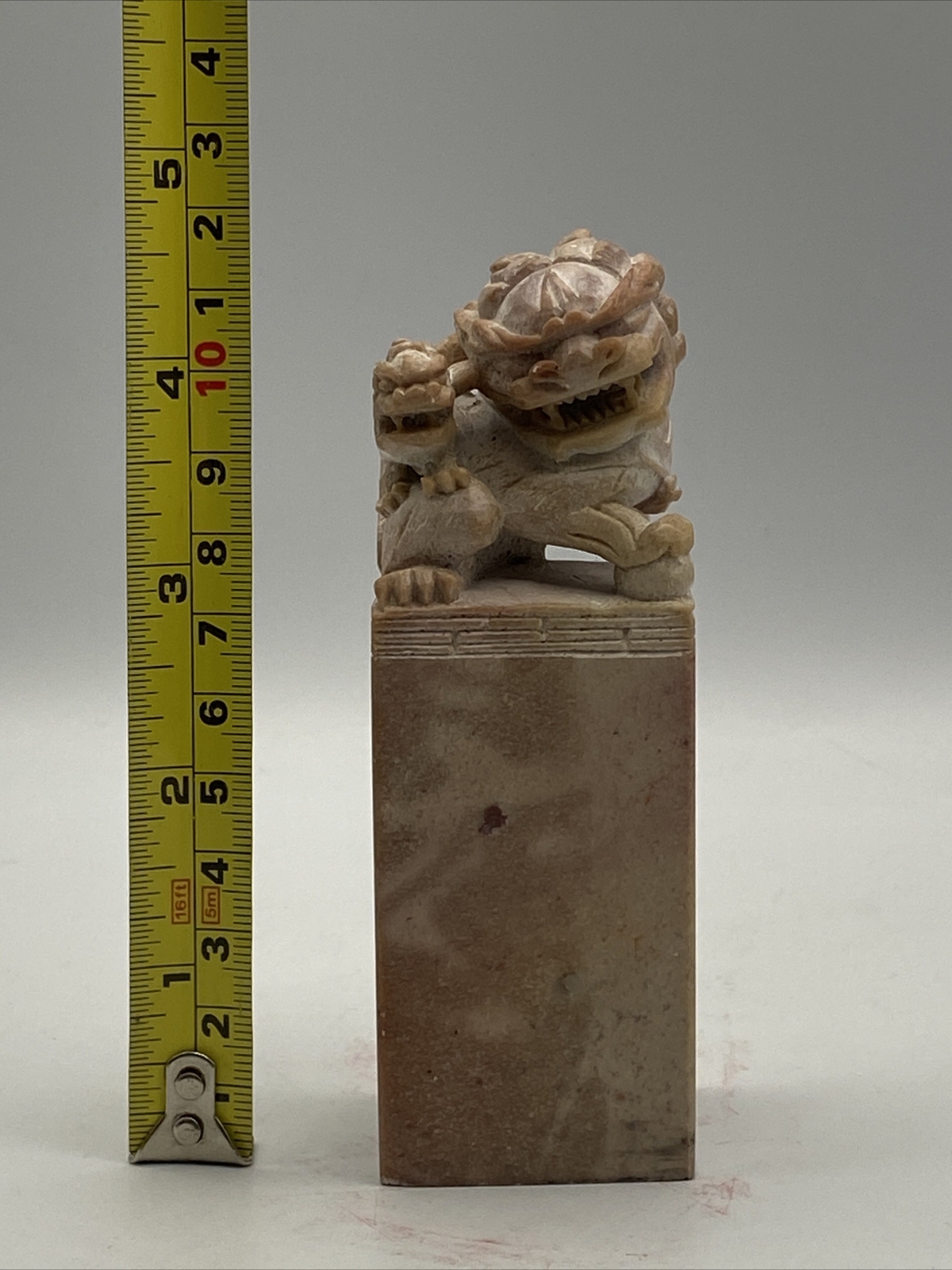 Vintage Carved Chinese Soapstone Seal Foo Dog Lion 1.5”sq x 4.5” Tall