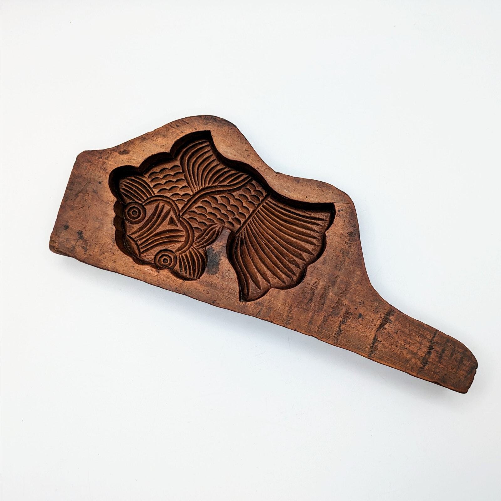 Vintage koi fish mooncake wooden mold hand carved 10 inches long