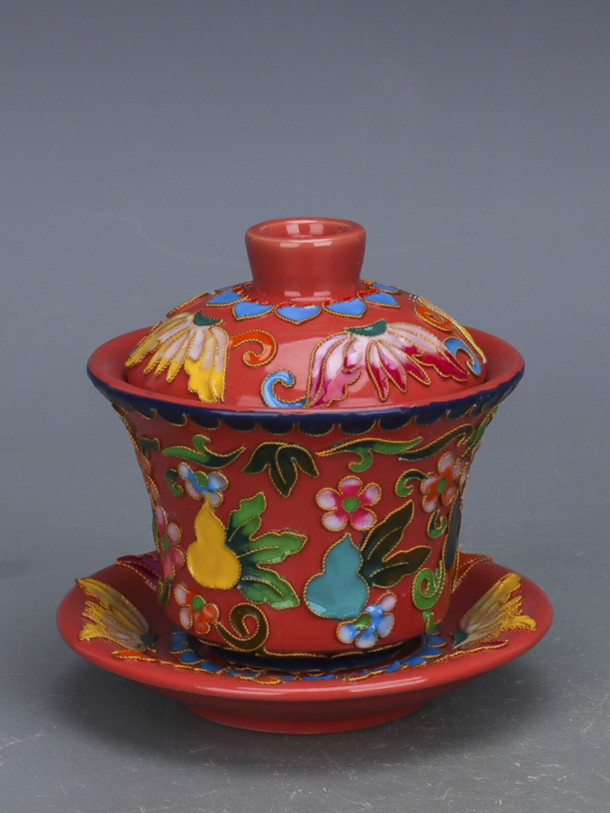 4.5″ China Song Ruyao Red Glaze Porcelain Wire Inlay Gourd San Cai Lid Bowl