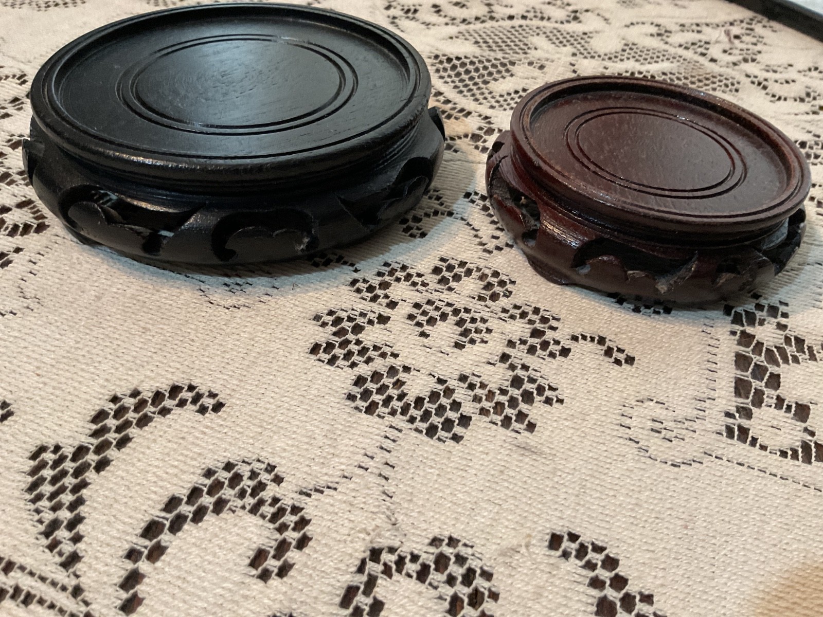 Vintage Chinese Carved Wood Display Stands Black and Brown 4.5 and 3.25”