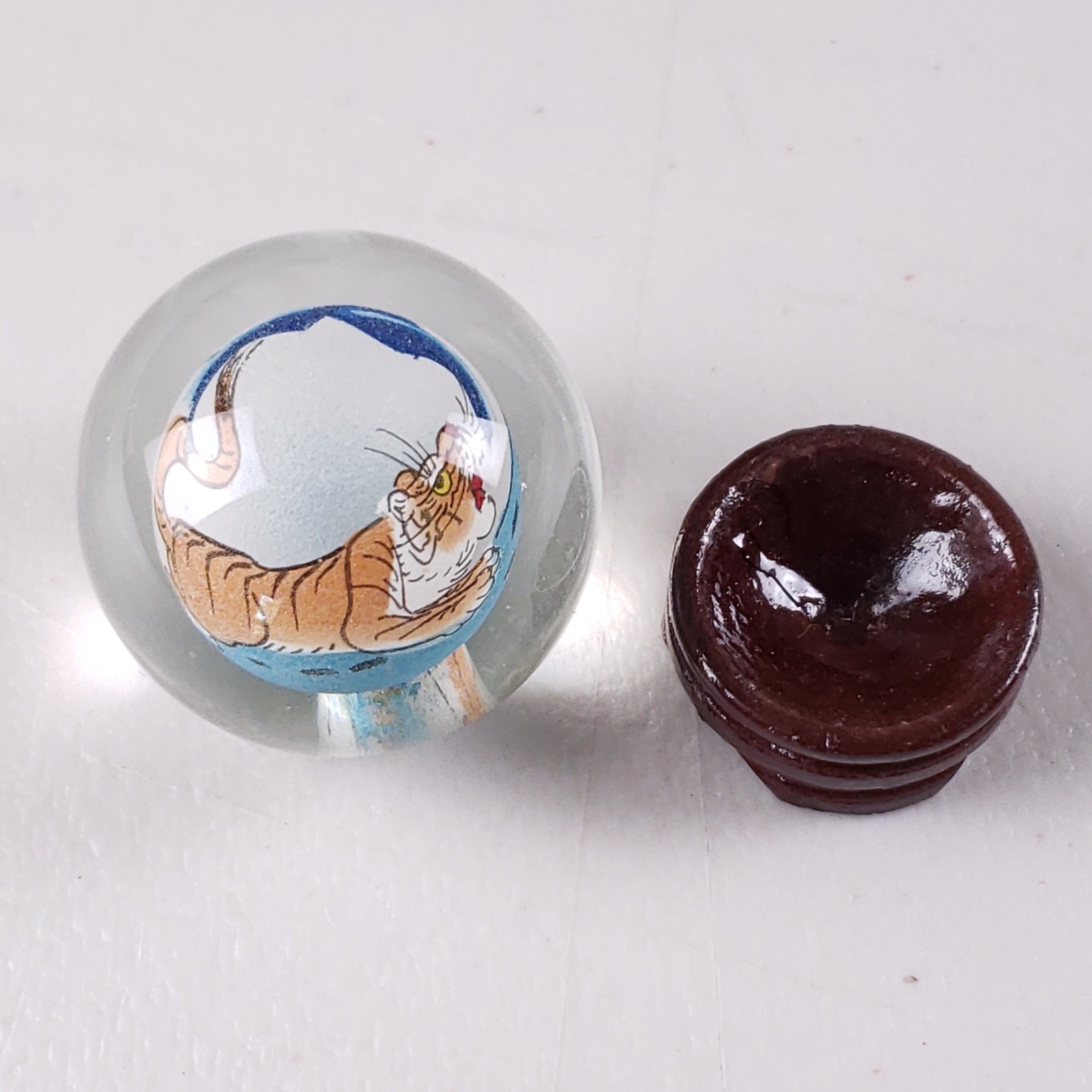Vintage Chinese Hand Painted Tiger Glass Orb Sphere with Wood Stand and Box