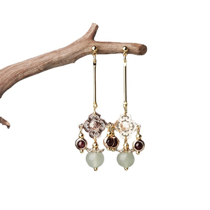 China Dongling Jade/Garnet/Alloy Tassels Tibetan Style Vogue Earbob Earrings