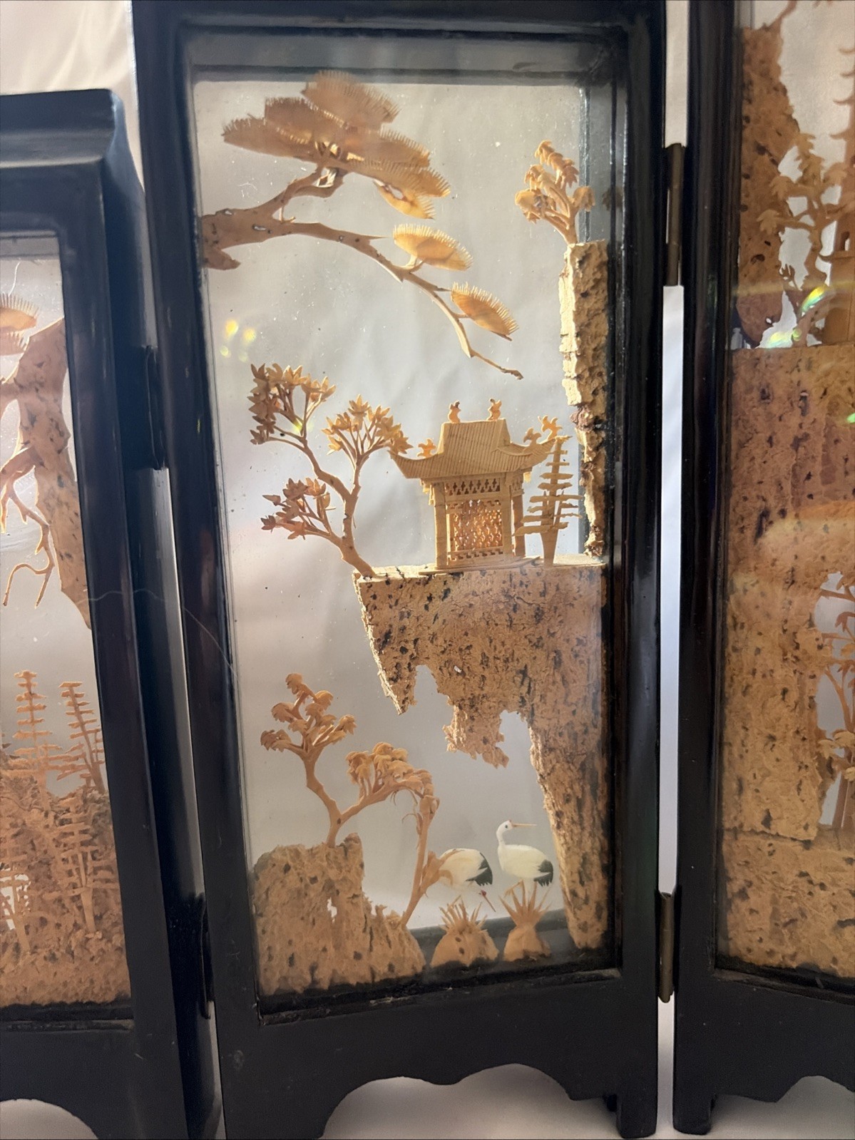 Chinese Carved Cork Nature Scenes 5 Panel Pandas Ducks Cranes Pagodas