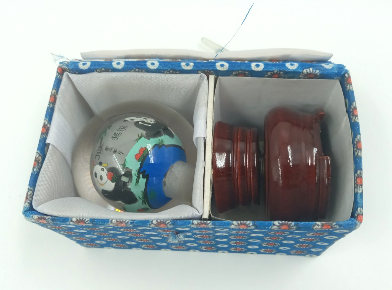 Vintage Reverse Chinese Glass Ball Pandas Paperweight Hand Painted With Stand