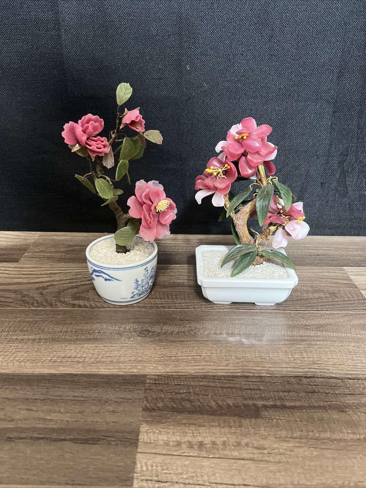 VTG (2) Chinese Lucky Jade Jadeite Stone Carved Pink Flowering Potted Plant Tree