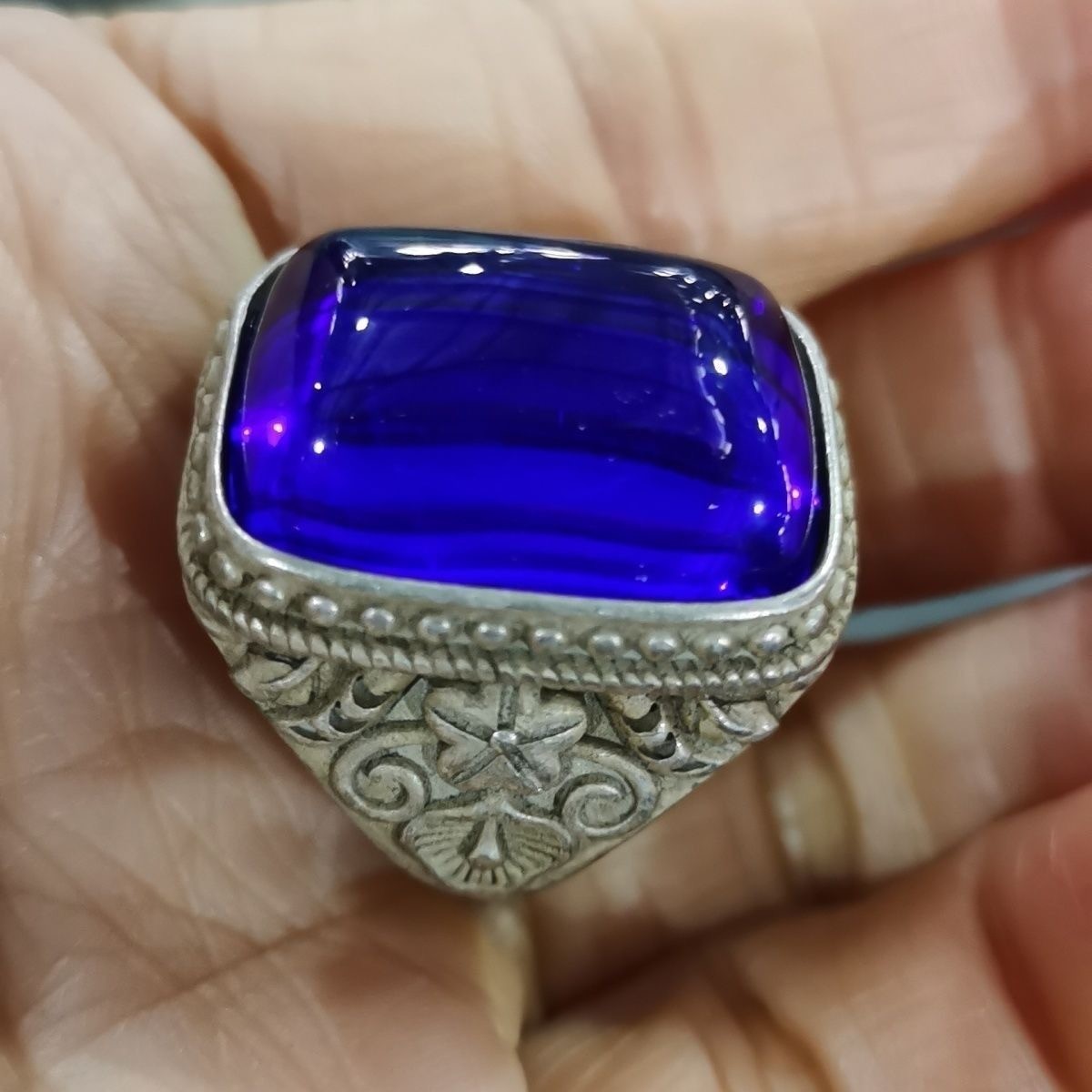 Collect Antique China Silver gemstone Gem ring Jewelry Round Ring jade ring
