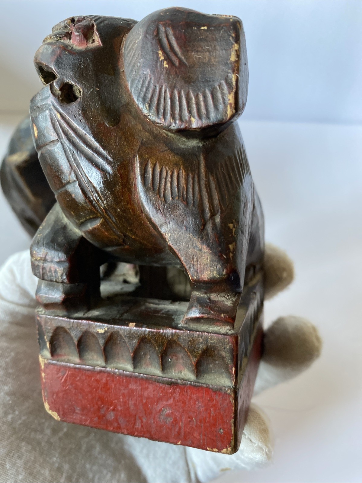 Pair Antique Chinese Hand Carved Wood Foo Dog Creature Statue Rattle