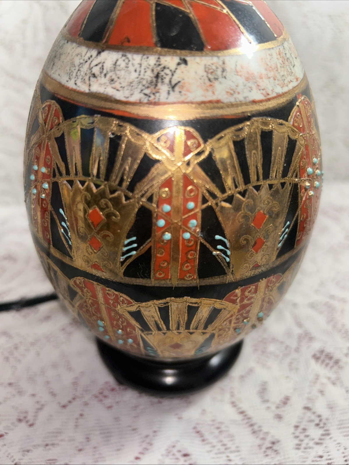 Vintage Chinese Cloisonné Ceramic Hand Painted Egg Lamps With Wood Stand