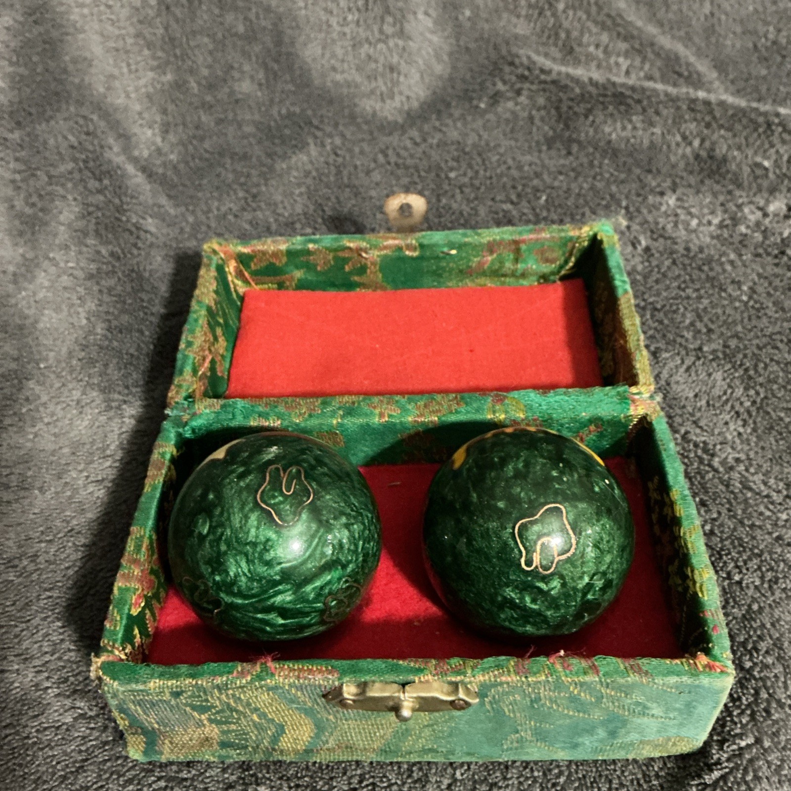 Set of 2 Vintage Chinese Baoding Sun and Moon Iron Balls 5” Green Box Included