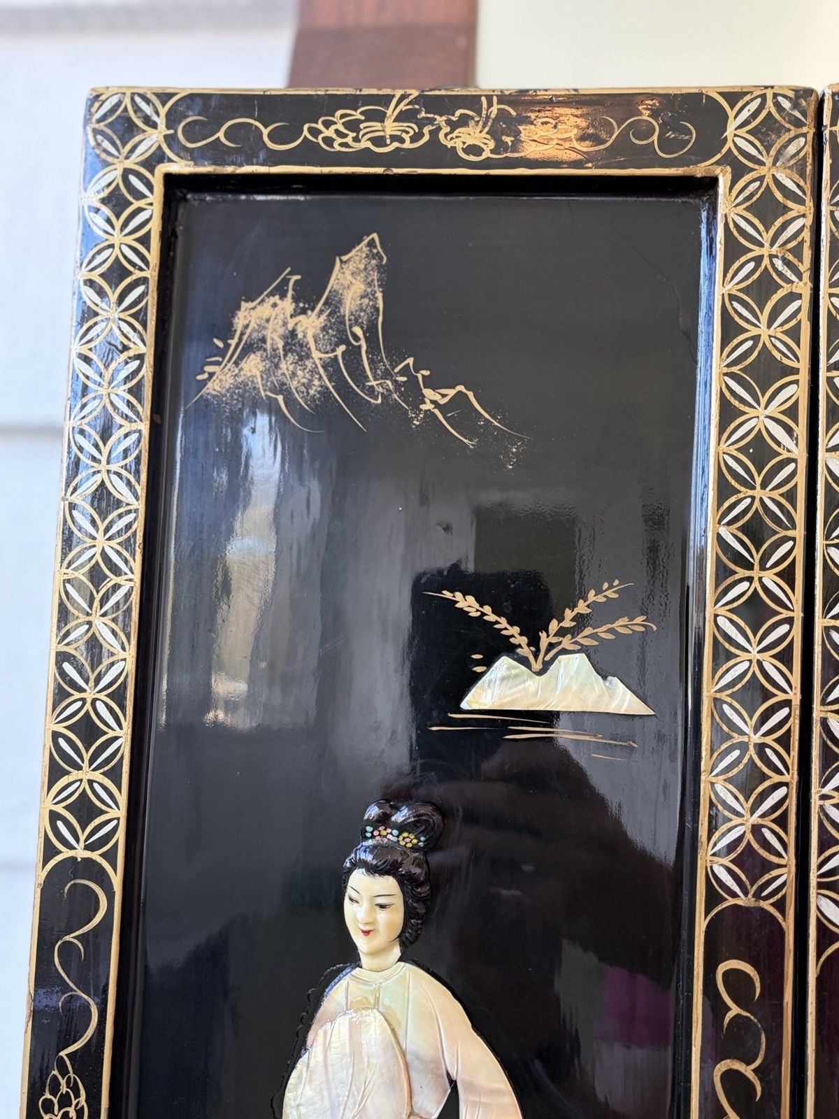 2 Vintage Asian Mother Of Pearl Inlay Black Lacquer Wooden Wall Panels
