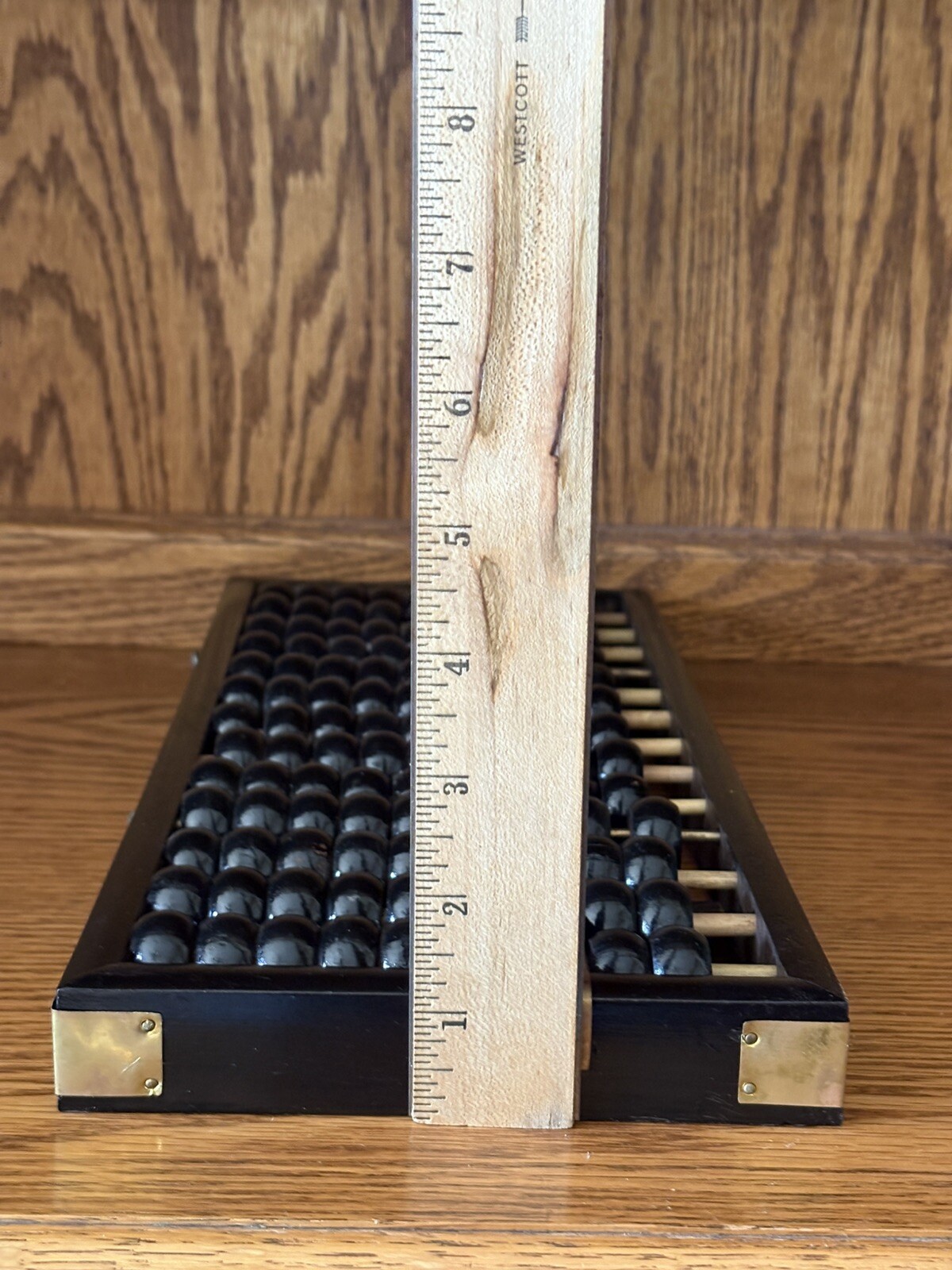 Vintage Zhejiang Chinese Black Wooden Abacus 13 Rods 91 Beads Brass Accents GVC