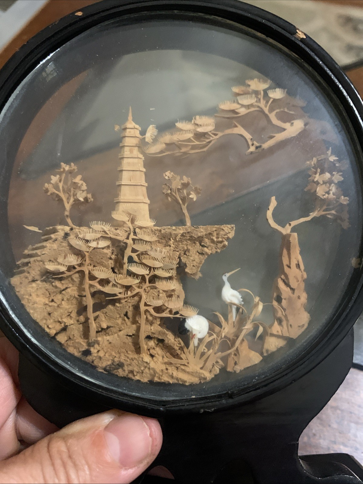 Vintage Chinese San You Cork Art Hand Carved Diorama Pagoda Cranes Trees-READ