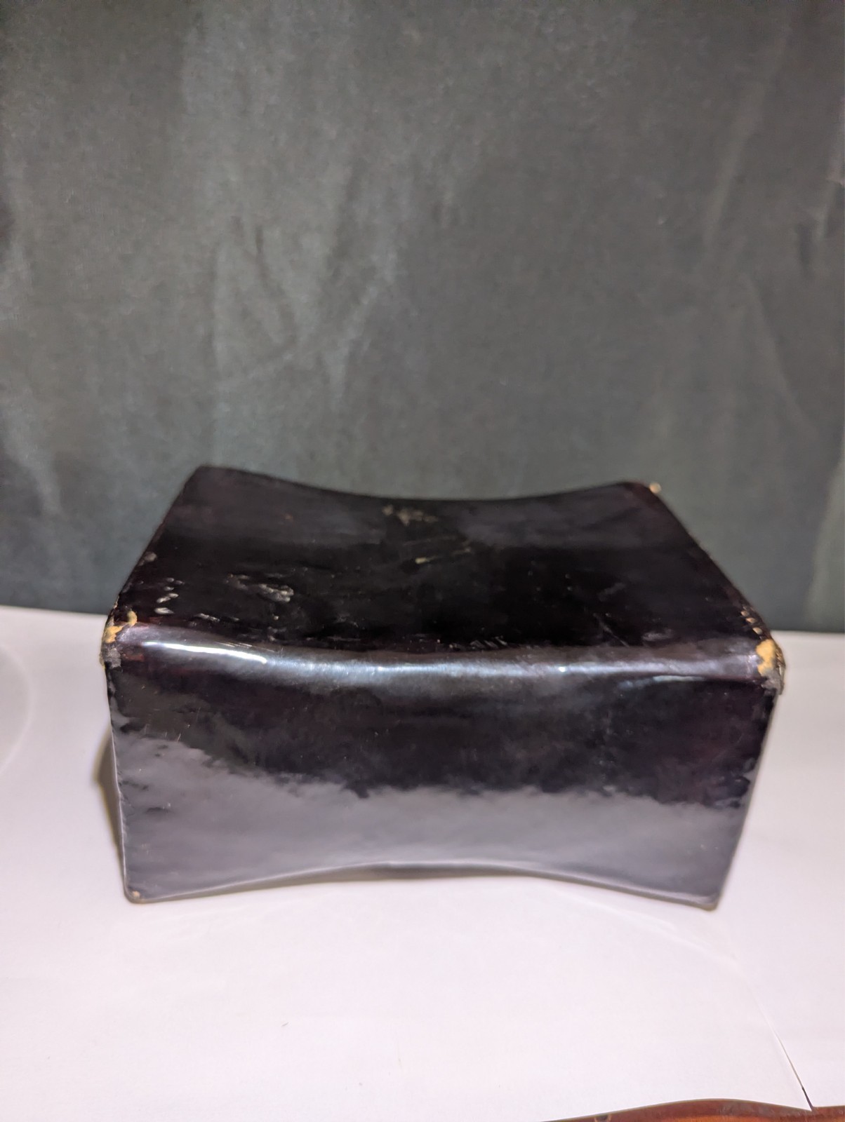 ANTIQUE CHINESE BLACK LACQUERED LEATHER OPIUM PILLOW GEISHA ASIAN DECOR TREES