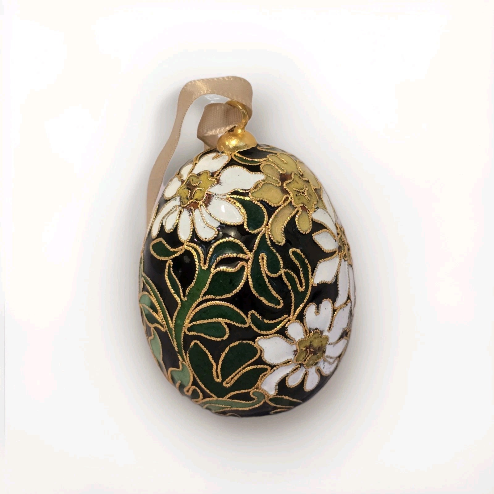 Vintage Black, White and Gold Floral Enamel Cloisonné Chinese Egg