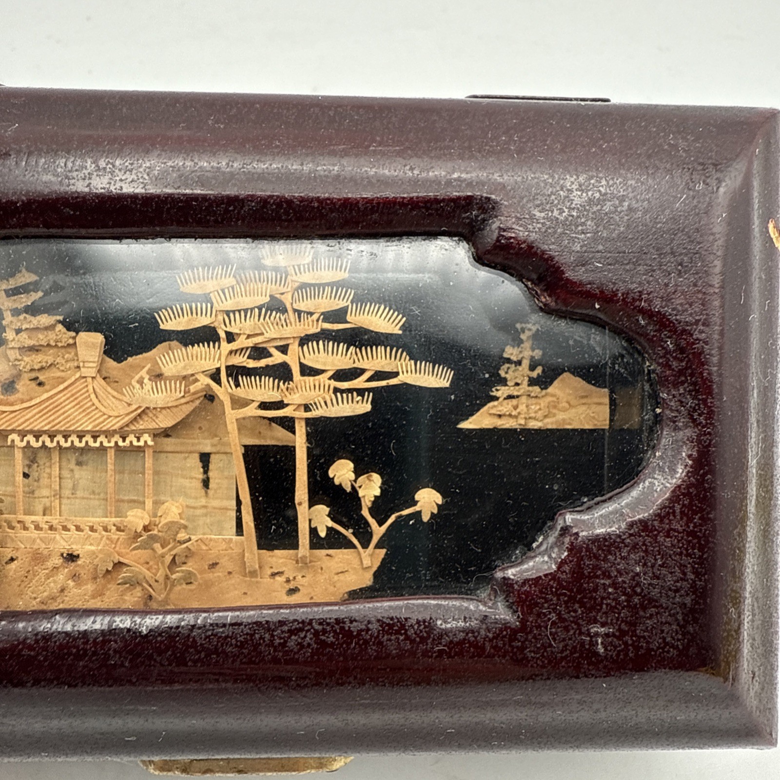 Asian Jewelry Wood Box Diorama Cork Art Pagoda Scene Brass