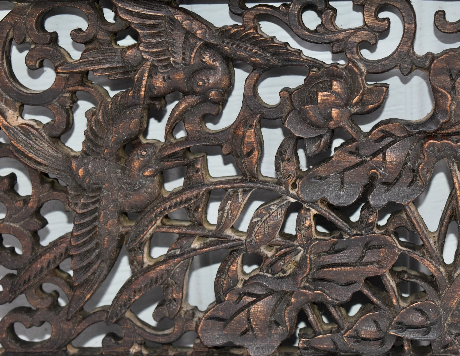 Vintage Hand Carved Chinese Plaque with Birds & Floral Details