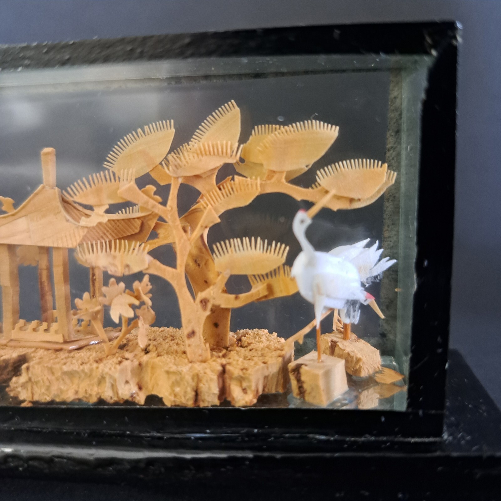 Carved Chinese Cork Diorama Shadow Box Sculpture In Glass Cranes Trees Pagoda