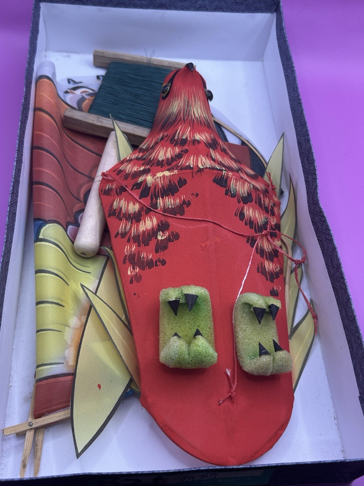 Vintage Chinese Silk & Bamboo Bird of Prey Kite with Box 36″ wingspan Rare Red