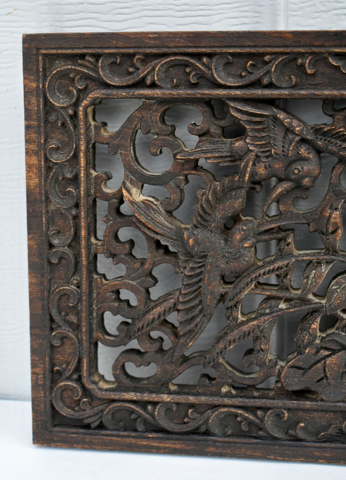 Vintage Hand Carved Chinese Plaque with Birds & Floral Details