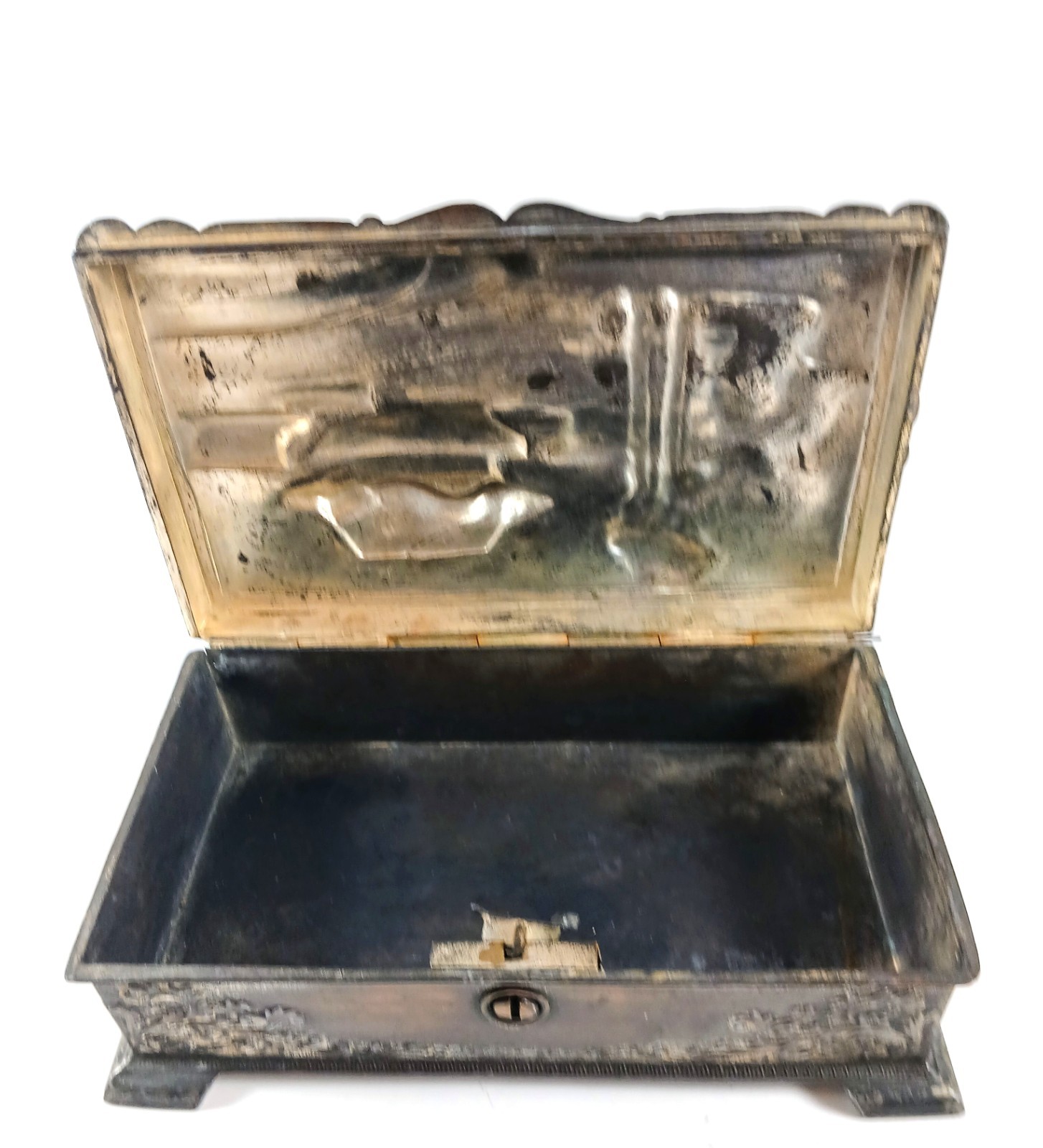 Vintage Asian Metal Jewelry Box Pagoda with Trees & Bridge 6.25″ x 3.75″ x 1.5″