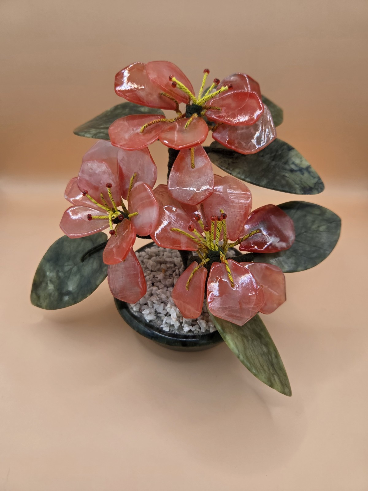 Vintage Oriental Asian Carved Jade Flower Bonsai Tree