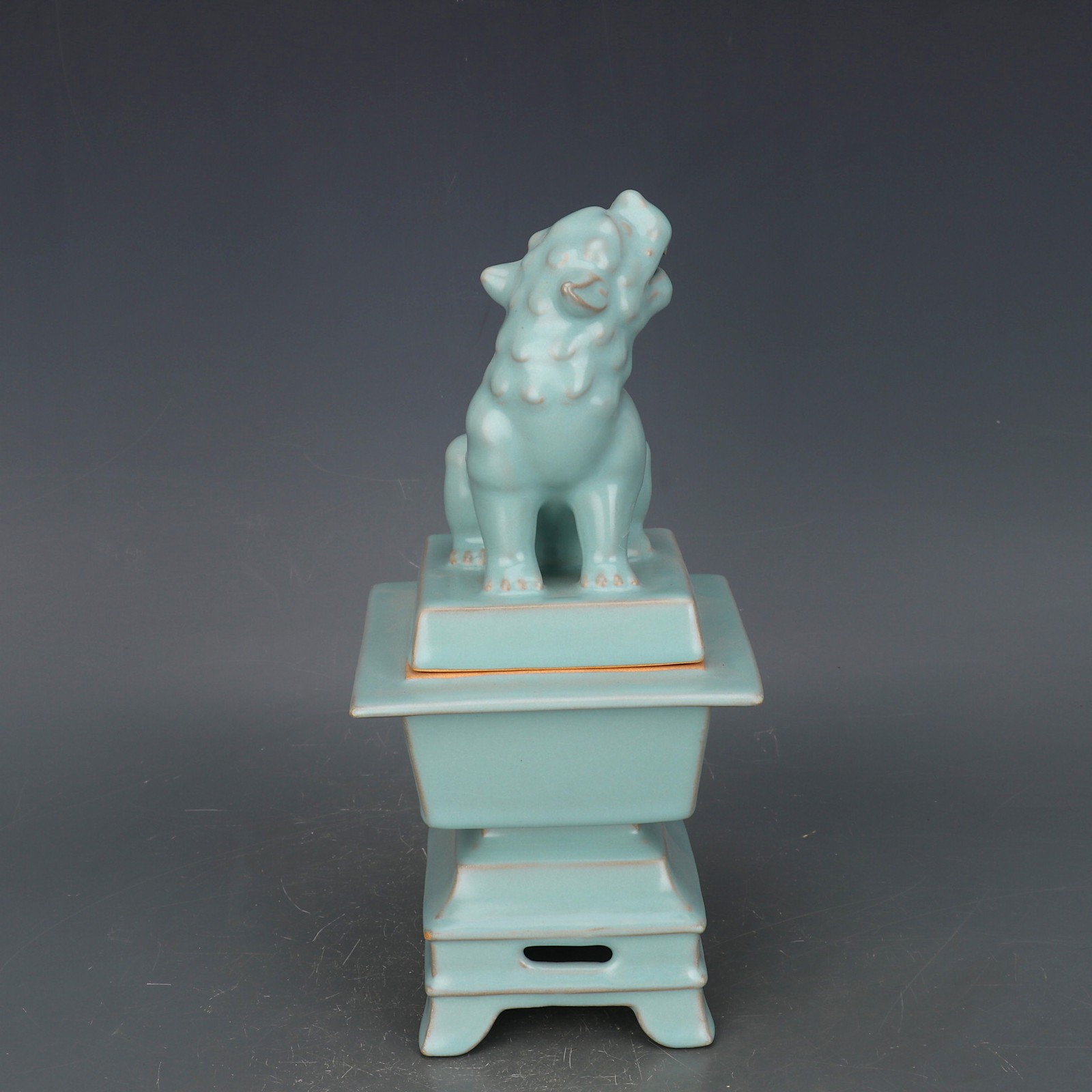 11.4″ China Song Ruyao Blue-green Glaze Porcelain Animal Lion Incense Burner