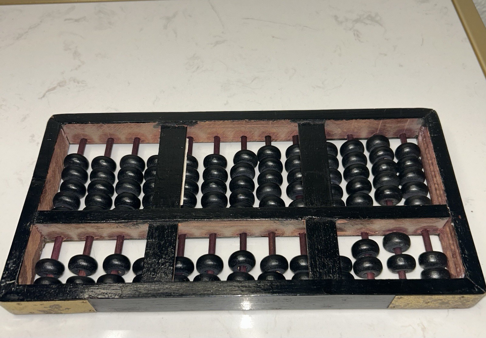 Vintage Chinese Abacus Black Wooden Bead With Brass Accents