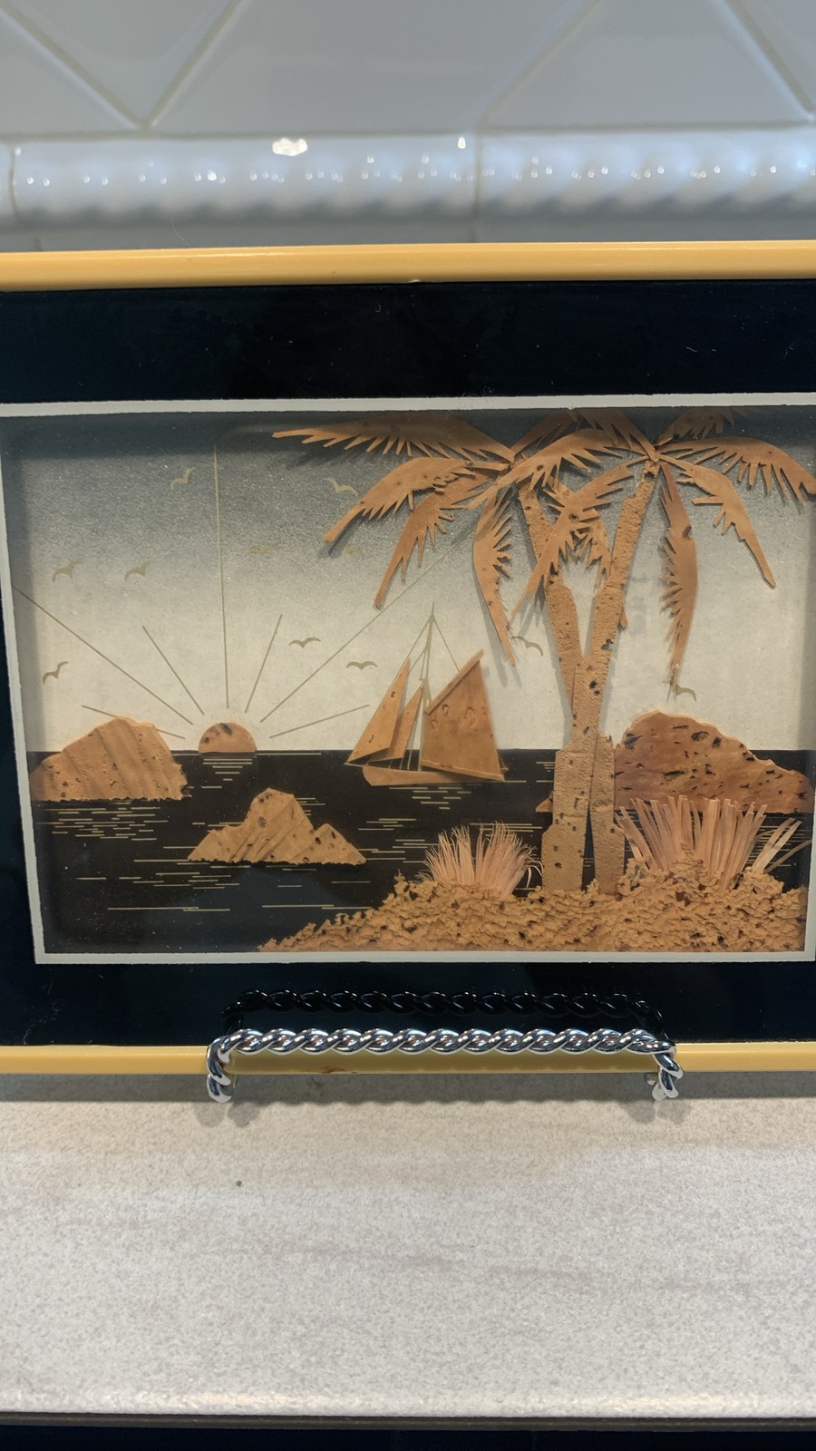 Vintage Chinese Hand Carved Cork Diorama 3D Landscape Art Shadow Box Glass Frame