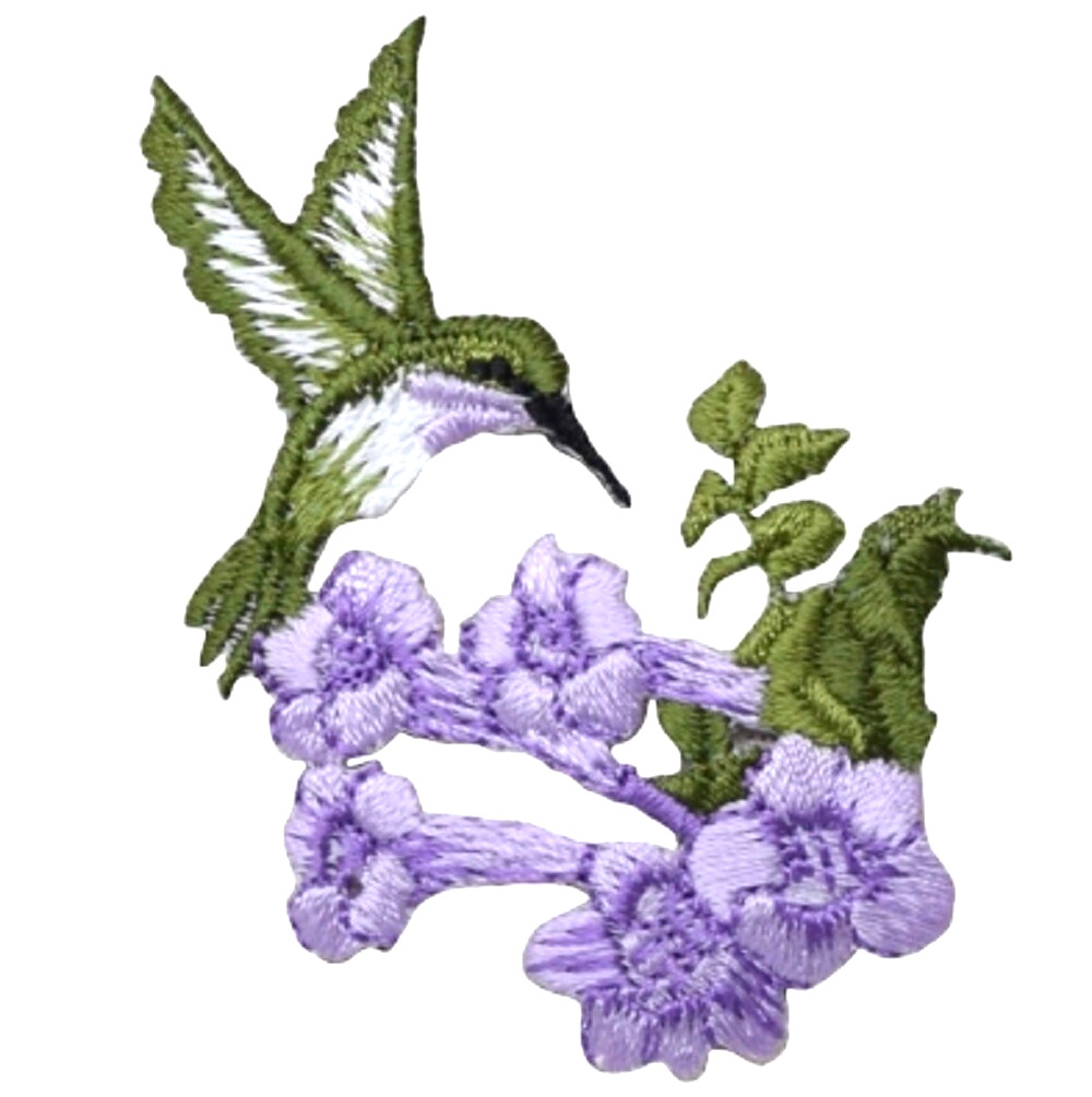 Small Hummingbird Applique Patch – Purple Flowers, Bird Badge 2.5″ (Iron on)