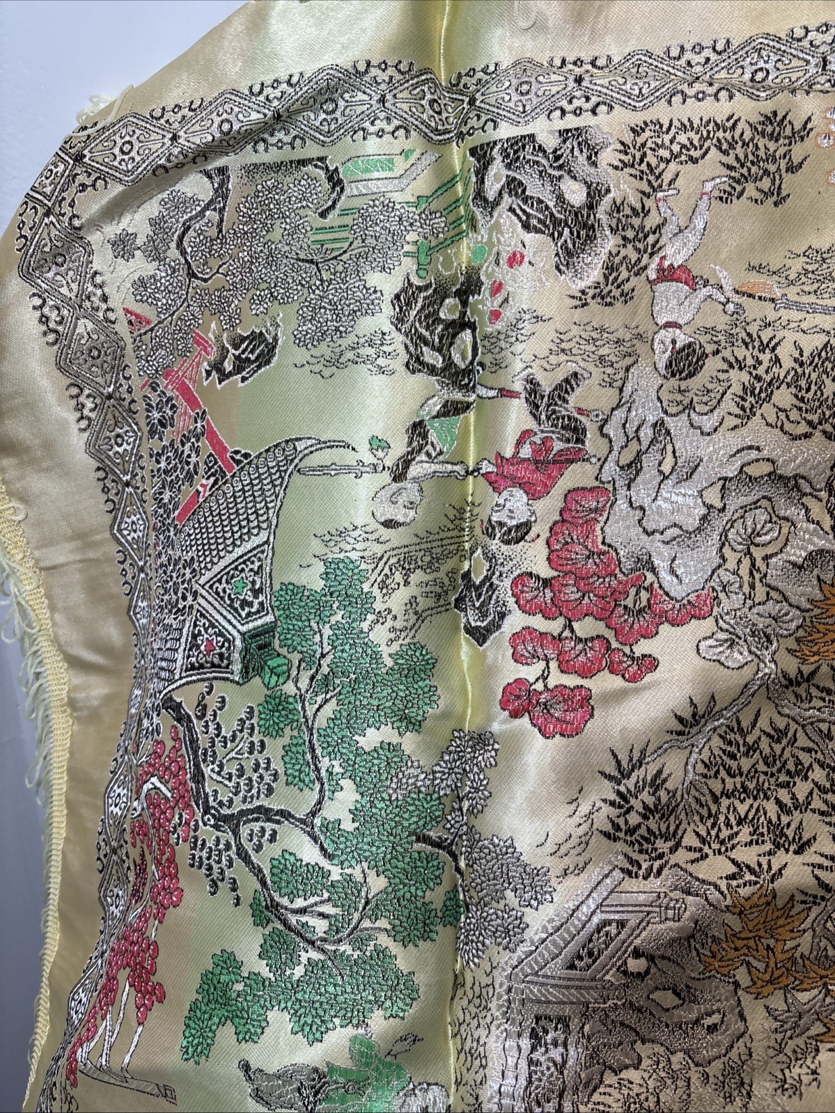 80s Vintage Chinese Silk Brocade Tablecloth, Wall Decor Tapestry Embroidery