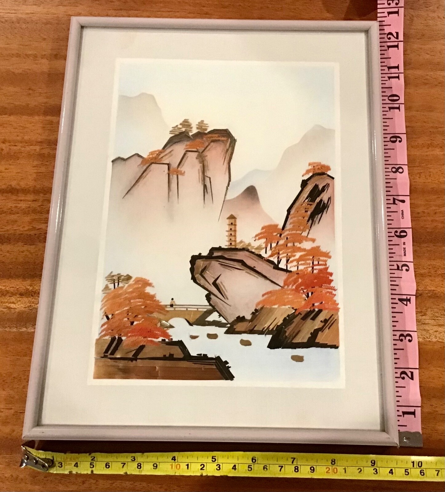 VTG ASIAN CLOTH PAINTED WOOD PICTURE MOUNTAINS WALL ART FRAMED- 1 OF 2 AVAILABLE