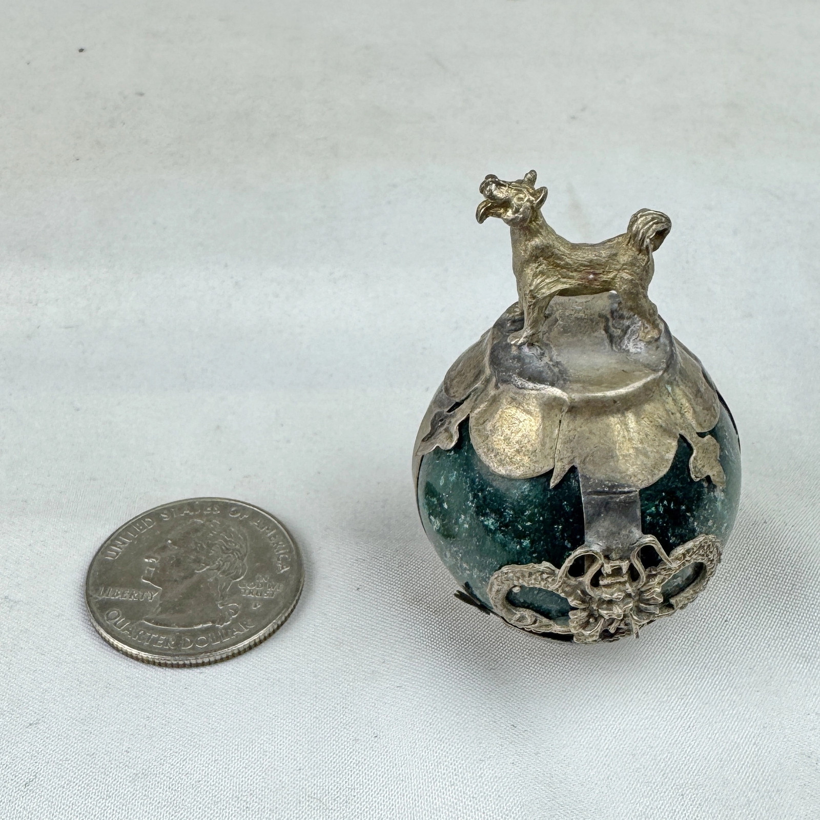 Vintage Chinese Zodiac DOG Green Marble Orb, Pewter/Tin Finial, Dragon Motif