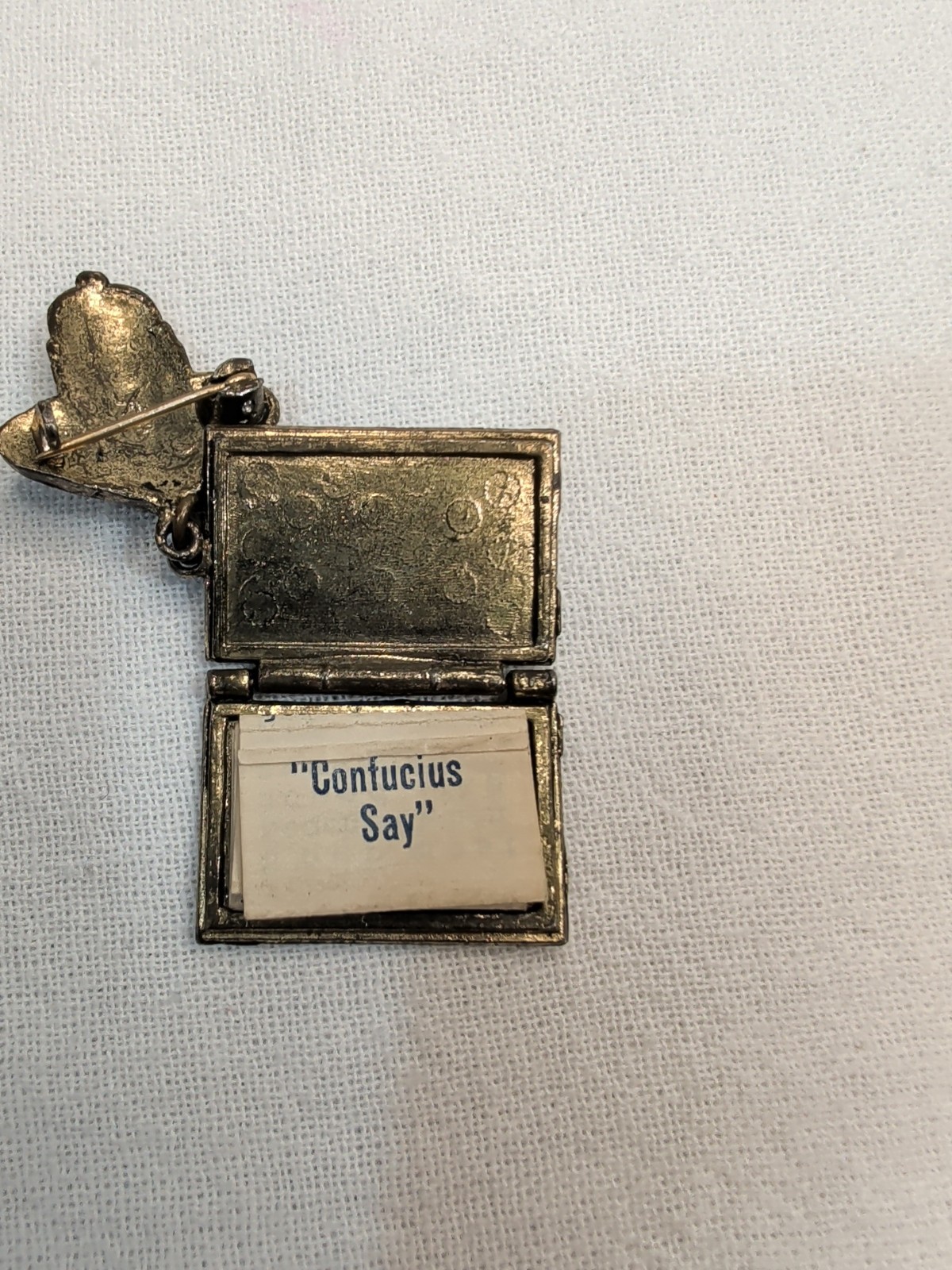 Vintage Confucius Book Charm Hanging Locket Brooch Pin Antiqued Brass-Tone Metal