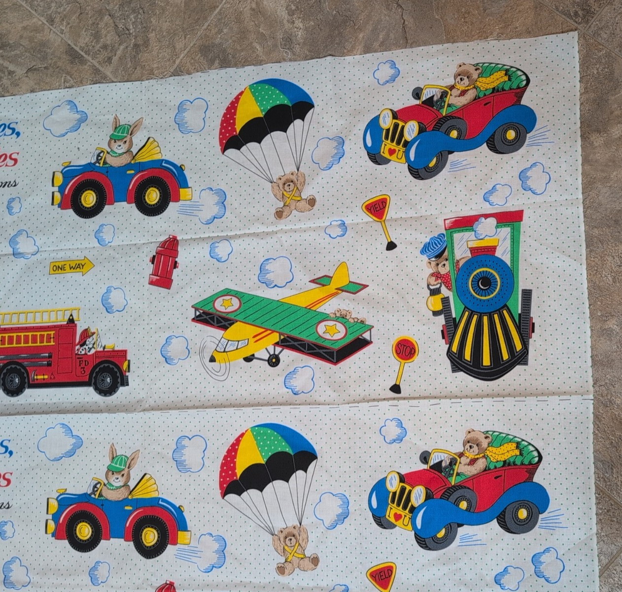 Vtg TRAINS, PLANES & AUTOMOBILES by Fabric Traditions Lot of 2 panels Quilt Kids