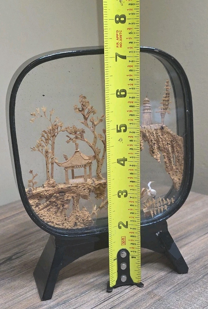 Vintage Chinese Cork Hand Carved Diorama In Glass & Black Laquered Wood Case