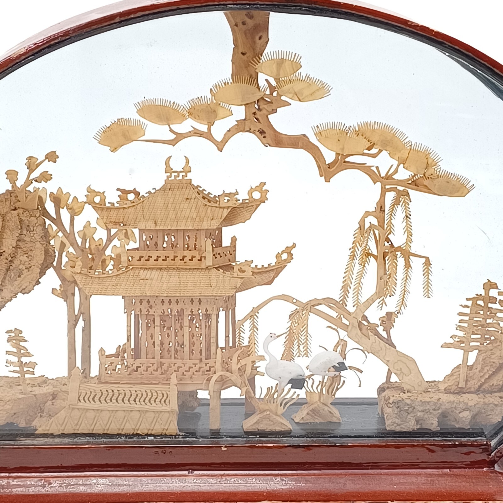 Vintage Chinese Cork Diorama with Pagoda, Intricate Carved Natural Scene. PO