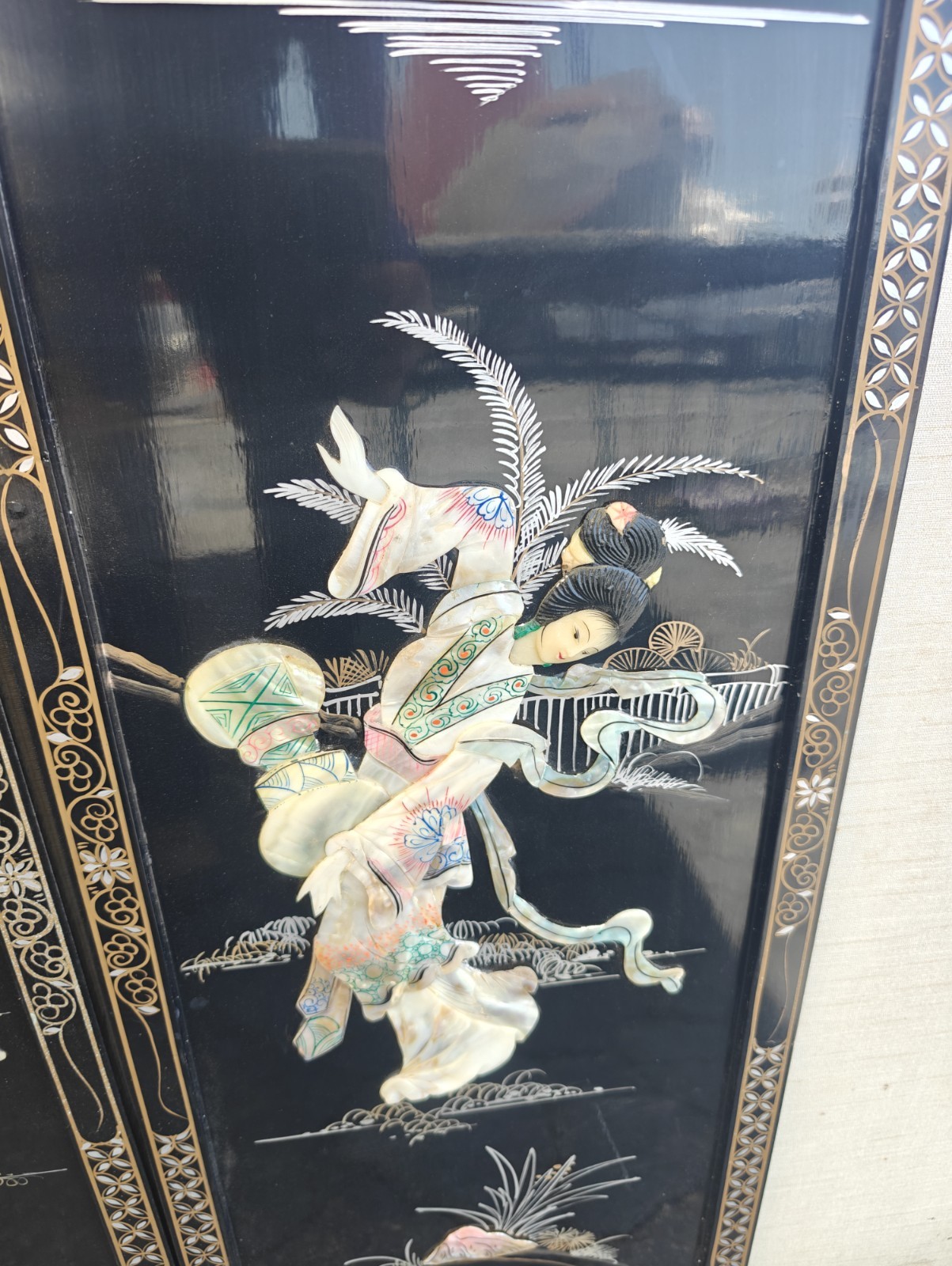 2 Vintage Mother Of Pearl Framed Art Wall Plaques Asian Black And Gold.