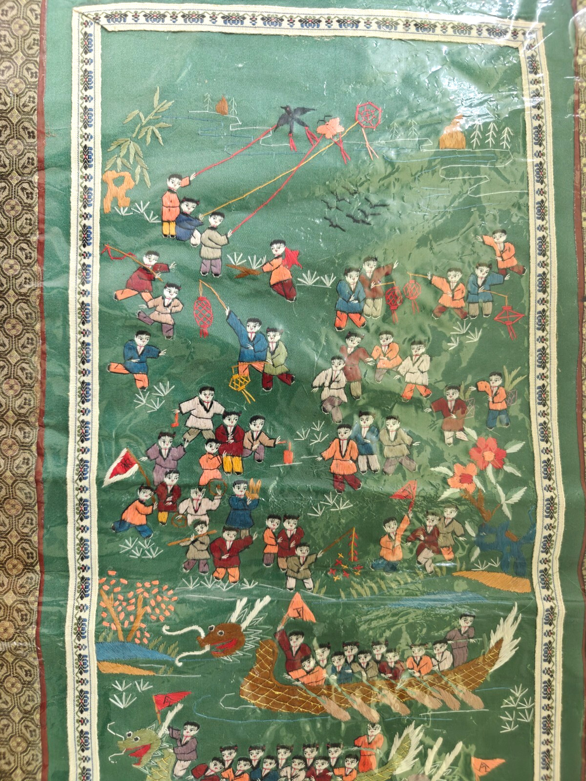 Vintage Chinese Silk Embroidery Panel Dragon Boats People Green 12.5×25″ NOS