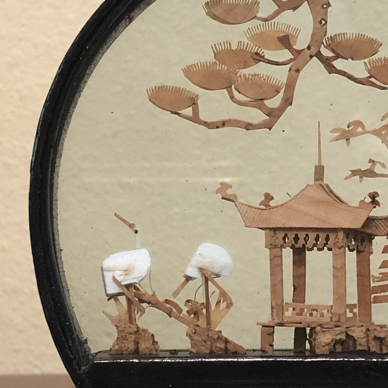 Vintage Chinese Cork Carving Art Diorama Pagoda Trees Cranes 4.25″ H