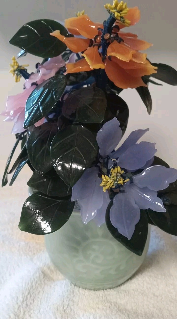 Vintage Jade Glass Flower Arrangement In Vase