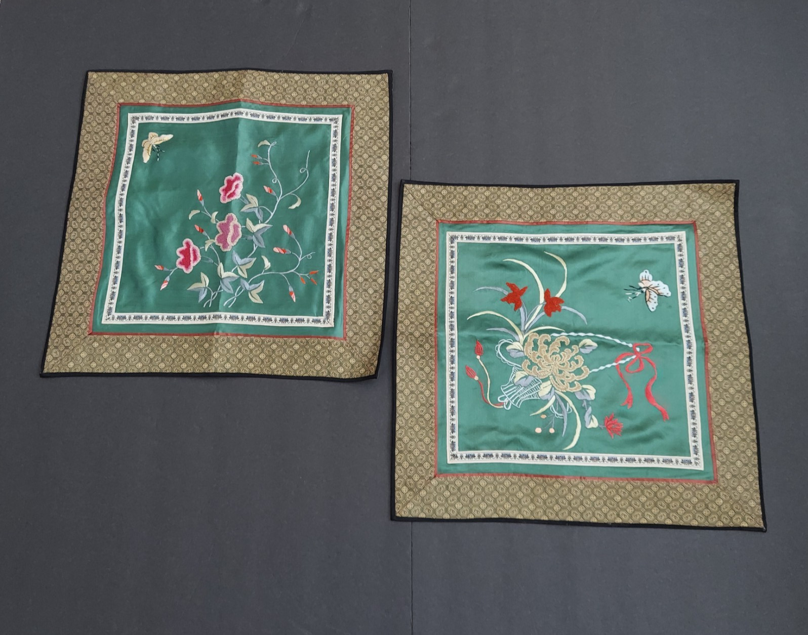 2 VTG Chinese Silk Embroidery Butterfly & Flowers Square Table Mat / Doily 14×14