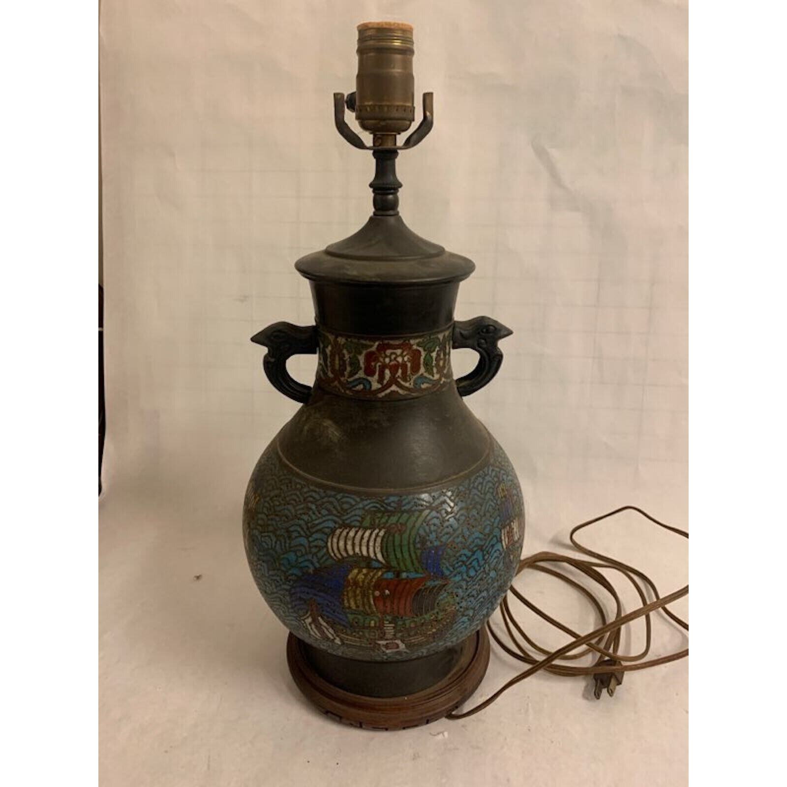 LARGE ANTIQUE CHINESE CHAMPLEVE CLOISONNE Enamel Bronze Vase Table Lamp Boat …