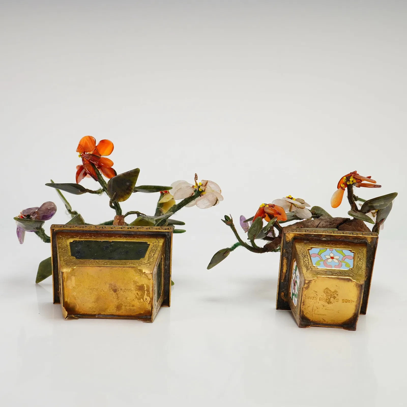 A Pair of Chinese Treasure Tree Hardstone Bonsai in Gilded Metal Planters