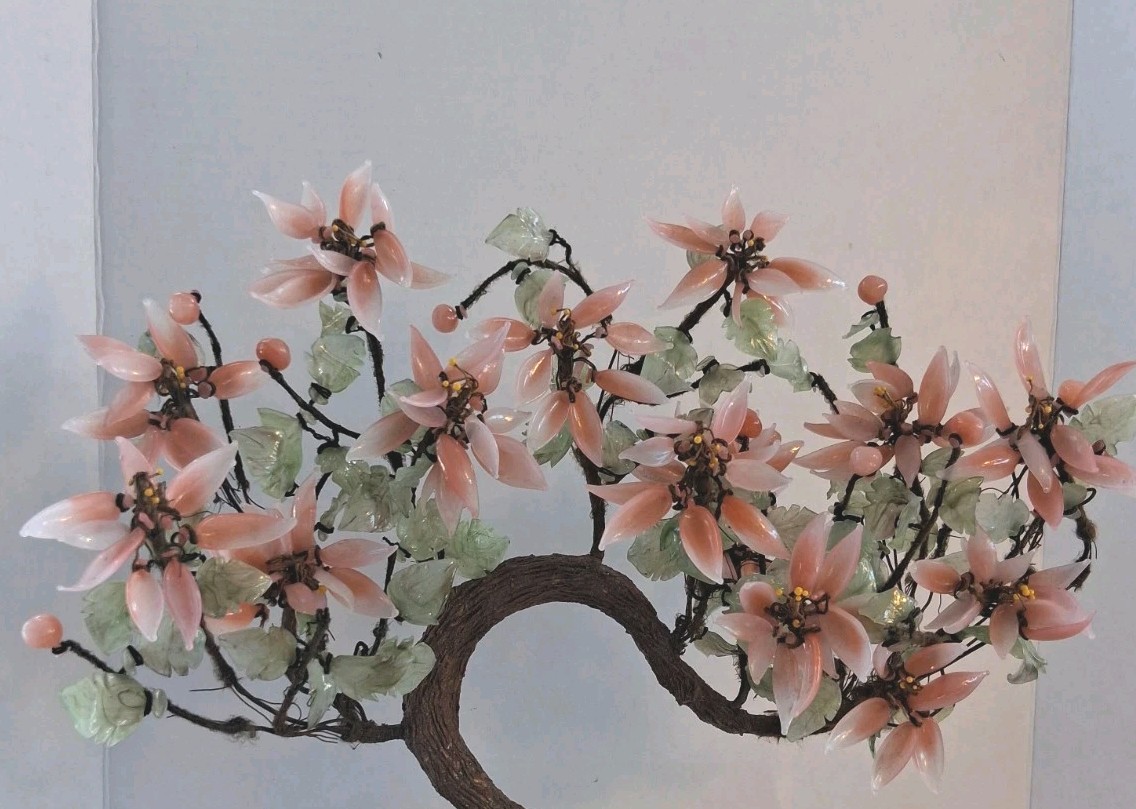 Vtg! XL Asian Bonsai Jade Glass & Coral Color Quartz Flowering Tree;14.5″x 13.0″