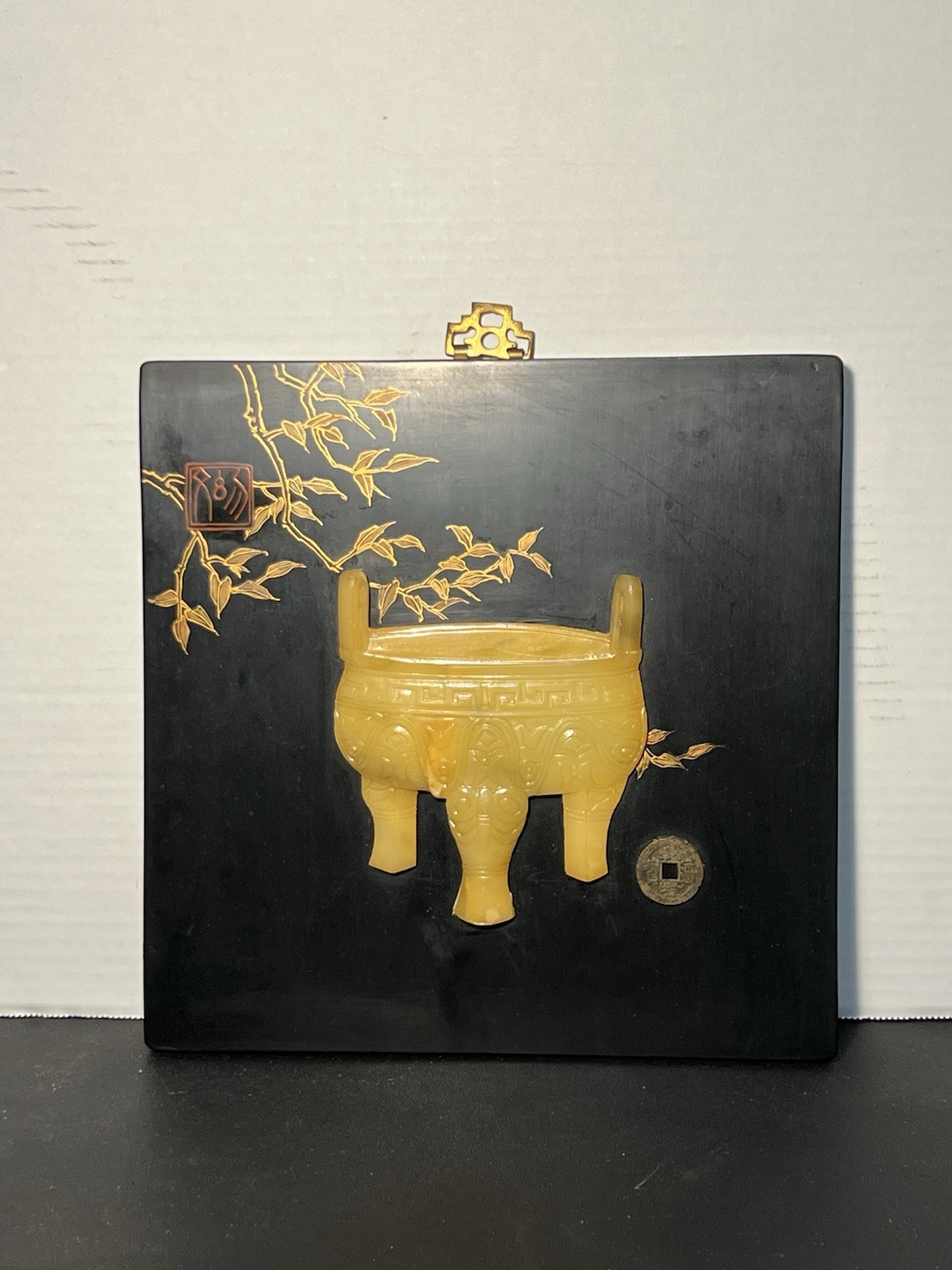 Chinese 1960s Black Lacquer Wall Panel Carved Shoushan Stone Ding Qianlong Coin